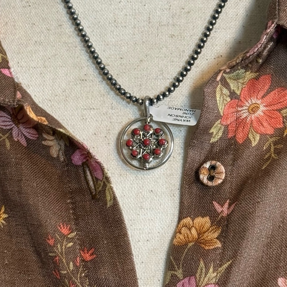 NWT Zuni Handmade Spinner Pendant Turquoise & Coral Silver Double Sided